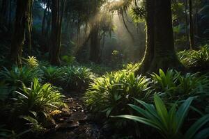 a stream runs through a lush jungle photo