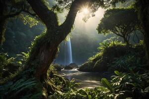a stream runs through a lush jungle photo
