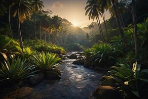 the sun rises over the mountains in the rainforest photo