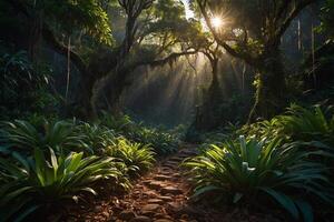 a stream runs through a lush jungle photo