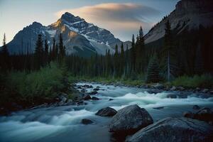 a lake surrounded by mountains and trees photo