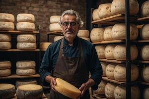 a man in an apron is standing in front of a rack of cheese photo