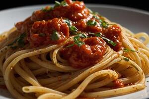 spaghetti with tomato sauce and basil photo