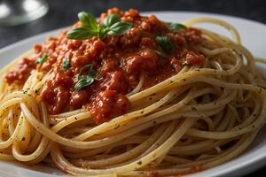 spaghetti with tomato sauce and basil photo