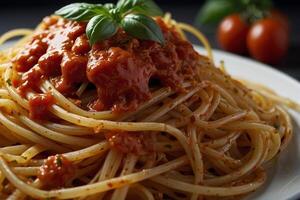 espaguetis con tomate salsa y albahaca foto