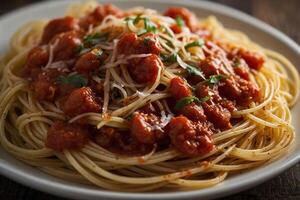 spaghetti with tomato sauce and basil photo