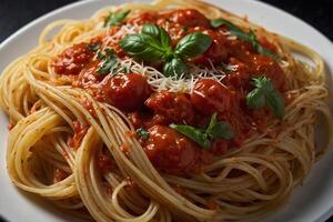 spaghetti with tomato sauce and basil photo