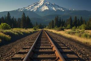 railroad tracks leading to a mountain with a river in the background photo