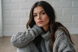a woman in a sweater sitting on the floor photo