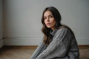 a woman sitting on the floor wearing a grey sweater photo