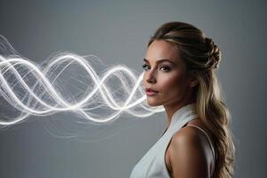 a woman with a glowing light coming from her mouth photo