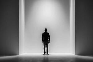 un hombre en pie en frente de un ligero en un oscuro habitación foto