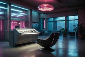 a futuristic looking room with a desk and chair photo