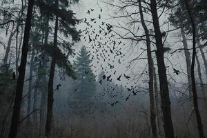 a flock of birds flying through the woods photo