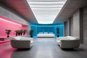 a modern, white room with pink lighting photo