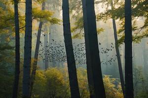 birds flying through the trees in a forest photo
