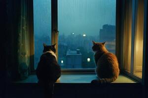 two cats sit on a window sill looking out at the city photo