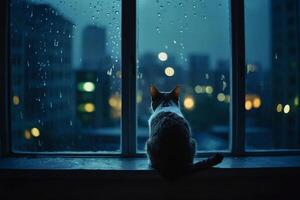 a cat sitting on a window sill looking out at the city photo
