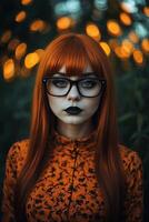 un mujer con rojo pelo y lentes foto