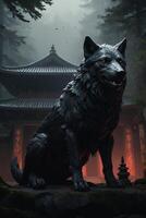 a black wolf sitting in front of a temple photo