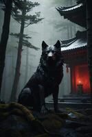 a black wolf sitting in front of a temple photo