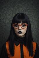 a woman with black hair and glasses photo