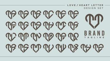 Set of abstract love heart letter T TT logo design vector