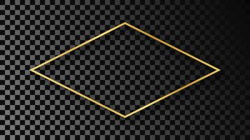Gold glowing rhombus shape frame with shadow isolated on dark background. Shiny frame with glowing effects. illustration. vector