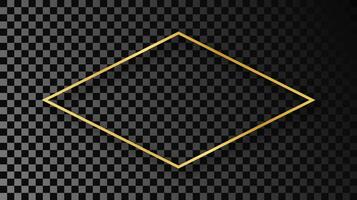 Gold glowing rhombus shape frame with shadow isolated on dark background. Shiny frame with glowing effects. illustration. vector