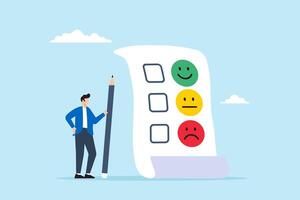 Man holds pencil thinking his experience and giving ratings on questionnaire with happy, neutral, and angry faces. Concept of customer feedback, satisfaction levels with product or service vector