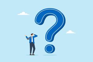 Businessman thinking while looking at big question mark, illustrating problem or challenge that requires solution. Concept of doubt or uncertainty, thinking and decision making in difficult situation vector