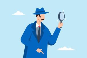 Smart detective looking through magnifying glass, illustrating observation and investigation to uncover evidence. Concept of inspecting and analyzing data to discover useful information vector