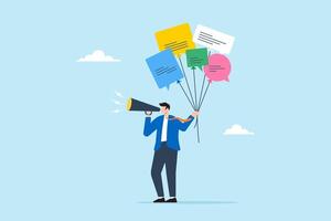 Businessman holds speech bubble balloons while speaking into megaphone, illustrating communication or Public Relations. Concept of PR manager in announcing and promotions company information to media vector