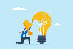 Smart businessman solving lightbulb idea puzzle by connecting last jigsaw piece, illustrating problem solver. Concept of find solutions, overcome difficulties through ideas, creativity, and innovation vector