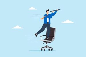 Businessman rides office chair while using telescope to see future, illustrating career foresight and vision. Concept of seeking out new job opportunities and pathways to success in workplace vector