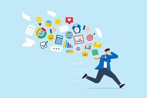 Frustrated businessman running away from flying social and work information, illustration information overload. Concept of overwhelmed by excessive distractions or overwork vector