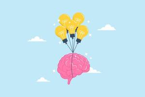 Smart human brain flying alongside lightbulb idea balloons, illustrating creativity and intelligence in achieving success. Concept of ability to apply knowledge, wisdom, innovate and imagination vector