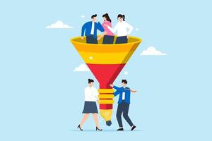 People in sales and marketing funnel with lightbulb outcome, illustrating sales conversion. Concept of managing employees or teams, brainstorming for new ideas, and pipeline of customer purchases vector