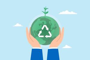 Hand holds sustainable green world with recycle symbol, illustrating ecology, and renewable energy. Concept of save the planet from climate change and global warming, environmental safety vector