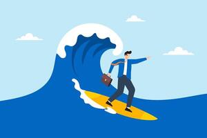 Expert businessman surfing or riding wave to success direction, illustrating following business trends and momentum. Concept of overcoming difficulties, professional experience and career development vector