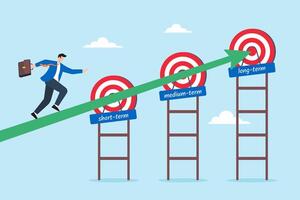 Businessman running towards short, medium, and long term goals, illustrating setting objectives across different timeframes. Concept of step to achieving success and aiming reaching targets vector