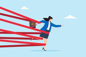 Strong businesswoman with full effort break tape barrier, illustrating gender barriers and overcoming career obstacles. Concept of inequality in the workplace, discrimination, and limitations vector