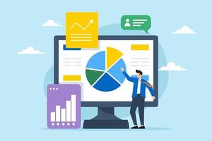 Businessman using resource planning software to analyze pie chart, illustrating managing projects and resources using ERP or marketing tools. Concept of optimizing processes utilizing CRM systems vector