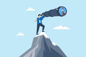 Ambitious businessman look through telescope focusing on mountain peak target, illustrating aiming high to achieve business goals. Concept of ambition, motivation, and determination to succeed vector