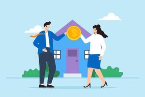 Businessman over dollar coin to new homeowner, illustrating making down payment for purchasing house. Concept of mortgage or real estate loan, saving for new home, investing in property rental vector