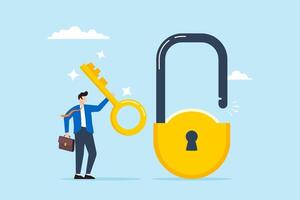 Smart businessman holds golden key to unlock padlock, illustrating possessing key to solving business problems. Concept of professional provide solutions, unlocking business accessibility vector