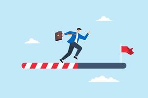 Ambitious businessman running on progress bar towards success flag, illustrating journey to achieving goals in business or career. Concept of steps taken, challenges faced and improvement to succeed vector