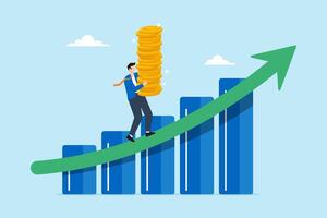 Businessman carries stack of money coins while walking up growth graph diagram, illustrating increasing revenue, income, or investment profit. Concept of growing wealth, and successful savings vector