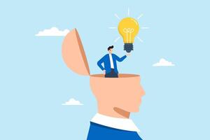 Man experiences eureka moment, illustrating lightbulb idea illuminating in his head. Concept of discovery of new solution to solve problem, business insight, inspiration, creativity, or innovation vector