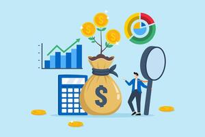 Businessman analyzes financial resources with growth in profit, illustrating financial management. Concept of planning and controlling financial resources to optimize revenue, capital, and credit vector